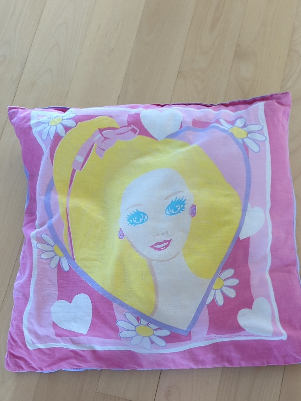 Vintage 1995 Pink Barbie Heart Pillow with Yellow Hair Graphic